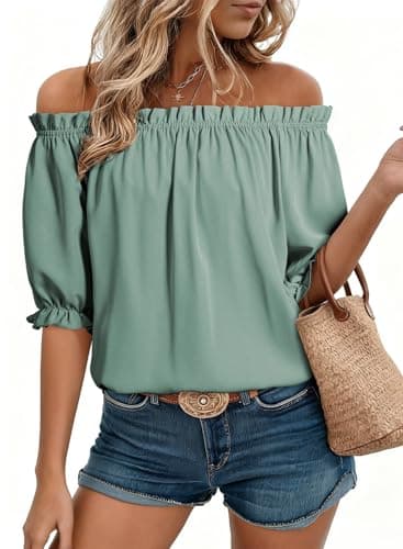 EVALESS Short Sleeve Shirts for Women Dressy Tops Smocked off the Shoulder Chiffon Blouses Spring Summer Clothes Fashion 2026 Business Casual Outfits Work Green Shirts Ladies Tops and Blouses, X-Large - Image 1