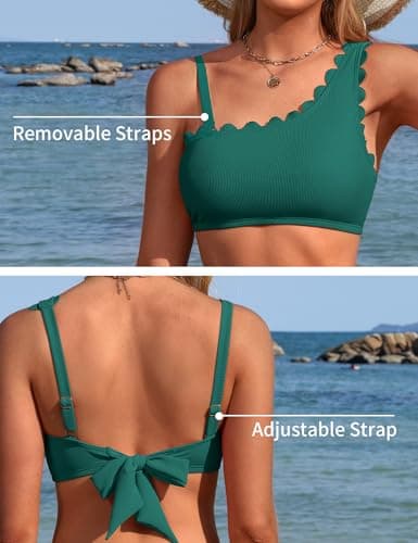 Charmo Womens One Shoulder Bikini Sets High Waisted Tummy Control Bathing Suits Ribbed Scalloped 2 Piece Swimsuits 2026 Teal M - Thumbnail 5