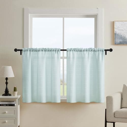 Home Queen Waffle Tier Curtains for Bathroom, Water Repellent Rod Pocket Small Drapes, 30 W X 45 L Inch Each, Solid Blue - Image 1