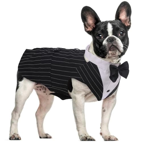 DORA BRIDAL Dog Tuxedo for Small Dogs,Dog Suit and Bowtie, Formal Dogs Wedding Outfit, Pet Tuxedo and Bandana Set Valentines Birthday Christmas Party Costumes for French Bulldog, Pomeranian, Striped,S - Image 1
