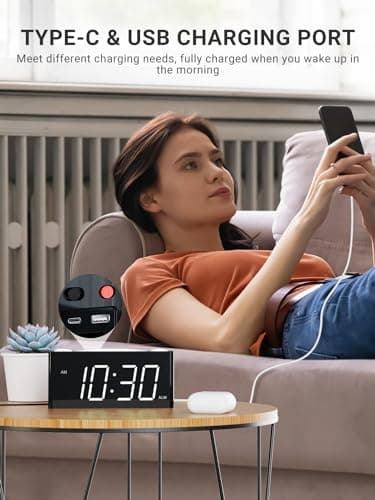 Vibrating Alarm Clock for Heavy Sleepers – Loud Alarm with Bed Shaker, 3 Wake Modes, Large 7.5” Display, 5-Level Dimmer, USB & Type-C Charging, Plug-in with Battery Backup for Bedroom, Teens & Deaf - Thumbnail 6