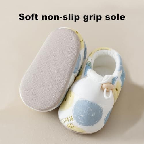 HOVELL Baby Booties with Adjustable Cord Lock Newborn Stay-on Boots Soft Cozy Cotton Non-Slip Gripper Crib Shoes for Infants Boys(SmileFace,6-12Months) - Thumbnail 3