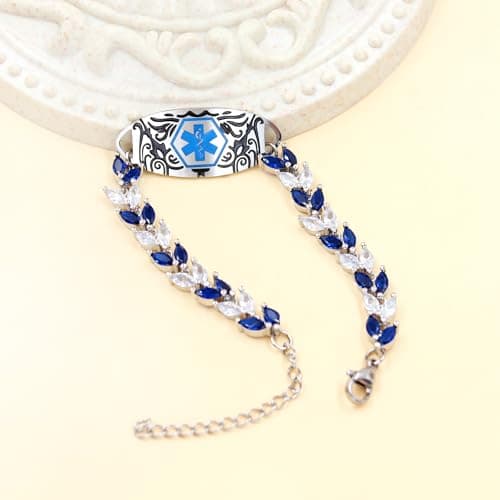 Blue & White Leaf CZ Medical Alert Bracelet for Women | Dynamic QR Code or Custom Engraved ID Jewelry | Emergency Contact Allergy Health Info Stainless Steel & Copper Adjustable Wristband (Text Engraving) - Thumbnail 3