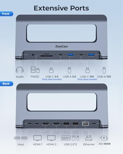 RayCue USB-C Docking Station for MacBook Pro/Air, Dual HDMI, USB-C Dock with 10Gbps, PD3.0, RJ45, 2xUSB 3.0, 2xUSB 2.0, SD/TF, Audio - Thumbnail 6