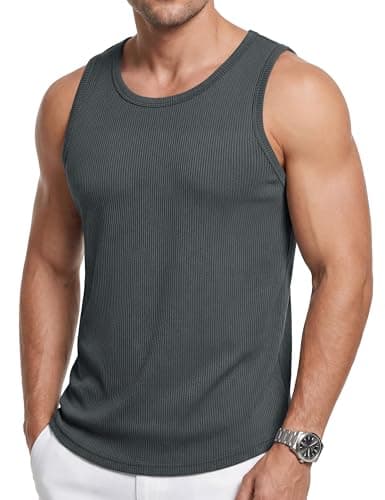 Cotrasen Workout Tank Tops Men's Ribbed Knit Sleeveless Shirts Fitness Crewneck Casual Running Cut Off Beach Tee Dark Grey S - Image 1