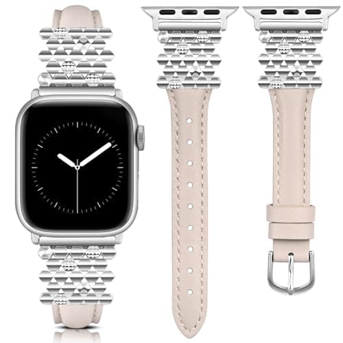 Wearlizer Leather Band Compatible with Apple Watch Bands Women 42/44/45/46/49mm, Dressy Fancy Interlocking Hexagon Buckle Strap for iWatch Series 11 10 9 8 7 6 5 4 3 SE/Ultra 3 2 1-Starlight/Silver - Image 1