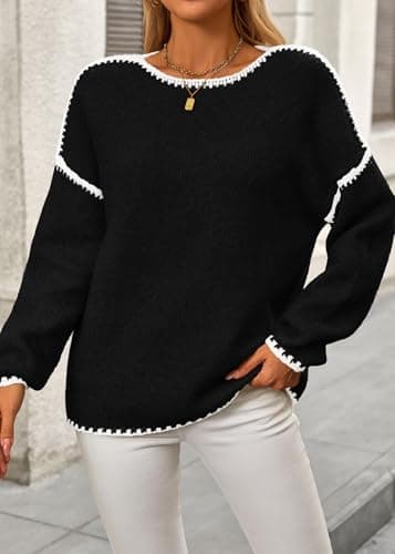 KIRUNDO Womens Sweaters 2026 Fall Oversized Long Sleeve Chunky Knit Crew Neck Contrast Stitching Pullover Winter Clothes(Black, X-Large) - Thumbnail 6