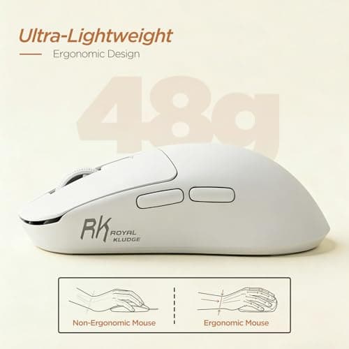 RK ROYAL KLUDGE RK MO3 Wireless Gaming Mouse, 48g Lightweight Computer Mouse, Bluetooth/2.4G/Wired Rechargeable PC Game Mice with Programmable Buttons and Silent Clicks, 6000 DPI for Laptop/Mac, White - Thumbnail 5