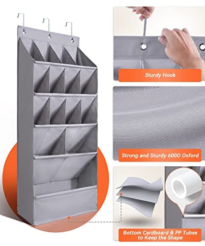 FENTEC 1 Pack Over-the-Door-Shoe-Organizers, Hanging Organizers with Large Pocket Shoe Holder Hanging Shoe Rack for Closet Shoe Organizer for Wall, Over Door Organizer with 15 Pockets Gray - Thumbnail 3