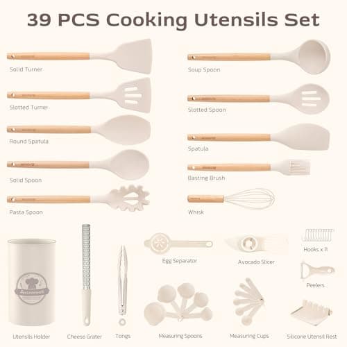 Astercook Kitchen Utensils set, 39 PCS Silicone Cooking Utensils Set with Wooden Handle, 446°F Heat Resistant Food Grade Utensil Sets, BPA Free Kitchen Gadgets Tools Set for Nonstick Cookware (Cream) - Thumbnail 2