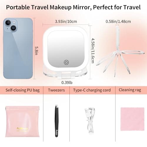 FUNTOUCH Rechargeable Travel Makeup Mirror, 20X/1X Magnifying Double Sided Makeup Mirror, Lighted Portable Vanity Mirror,3 Colors Lighting & Stepless Dimming,with Tweezers & Bag,Gift for Women,White - Thumbnail 2