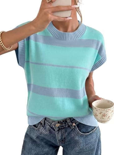 EVALESS Womens Sweaters Spring Summer 2026 Casual Striped Knit Crewneck Cap Sleeve Pullover Sweater Vests Basic Color Block Short Sleeve Tops Sky Blue Medium - Image 1