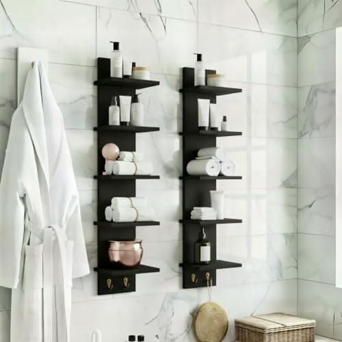 Sorbus 5 Tier Wall Shelf Unit with Hooks, Vertical Column Utility Shelving for Home Decor and Storage Organizer, Wall-Mounted Floating Shelves for Bathroom Storage, Bedroom (2 Pack) - Thumbnail 5