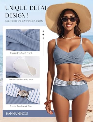 2 Piece Bikini Set for Women Textured Tummy Control Swimsuit Modest Striped Bathing Suit Top High Rise Vintage Swimwear (Blue Stripe, XL) - Thumbnail 4