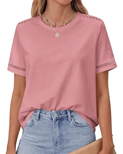 BTFBM Summer Tops for Women Lace Short Sleeve Shirt 2026 Spring Casual Loose Crew Neck Cotton Knit Cute Business Blouses(Pink, Medium) - Image 1