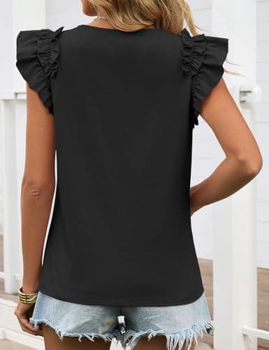 Summer Shirts for Women 2026 Trendy Casual Ruffle Short Sleeve Tops T Shirts Round Neck Cute Flutter Tee Tops Loose Fit Dressy Blouses Black XL - Thumbnail 6