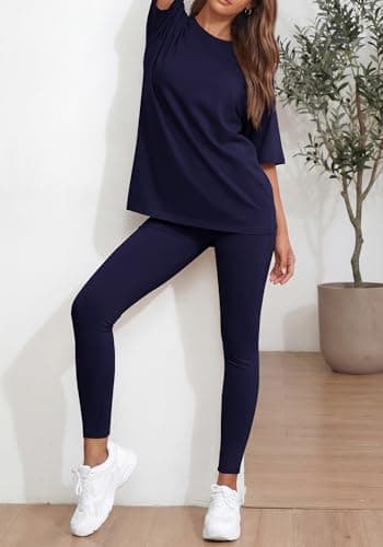 BTFBM Two Piece Lounge Set Women 2026 Spring Casual Oversized Shirts Leggings Matching Workout Airport Travel Outfits(Navy Blue, Small) - Thumbnail 6