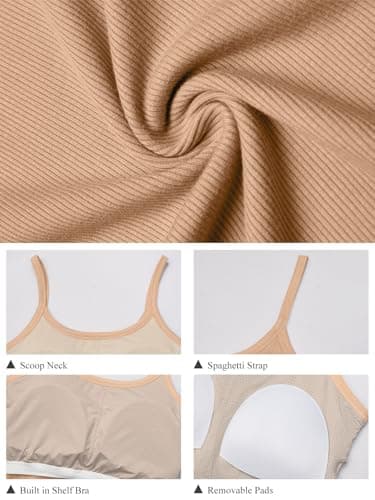 GKBK Women's Sleeveless Built in Bra Tank Top Form Fitting Scoop Neck Ribbed Knit Basic Padded Cami Shirts White Khaki XL - Thumbnail 6