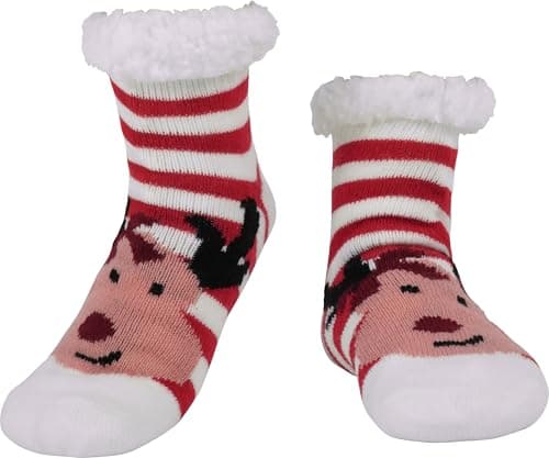 BenSorts Girls Boys Slipper Socks Child Warm Fuzzy Soft Fleece Lined Plush Thick Sherpa Winter Kids Socks Stripe Reindeer 4 5 6 7 Years - Image 1