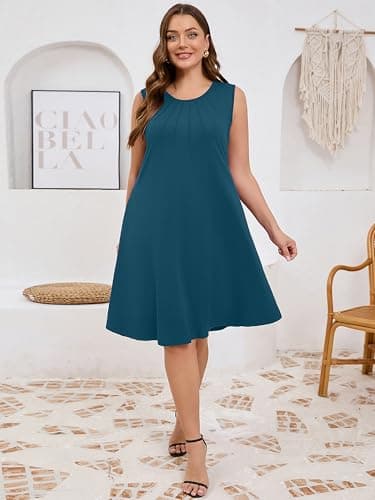 AusLook Plus Size Midi Dress for Women Sleeveless Casual Summer Indigo Blue 1X Tank Dress with Pockets Round Neck A-Line Swing Flowy Solid Color Travel Vacation Sundress - Thumbnail 6