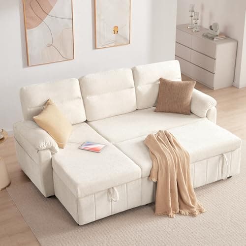 Tbfit 84" Sofa Bed Couch, Pull Out Couch with USB & Type-C Charging, Convertible Sofa Bed with Storage Chaise, Chenille Queen Sleeper Sofa for Small Spaces, Living Room, Apartment, RV, White