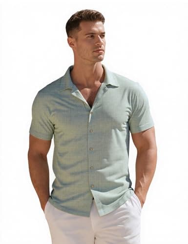 Tmeefee Linen Shirts for Men Casual Short Sleeve Button Down Shirt Cool Summer Beach Wedding Vacation Tops Green - Thumbnail 5