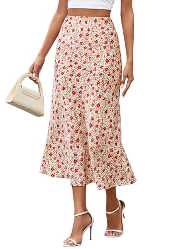 BTFBM Satin Skirts for Women Trendy Summer 2025 High Waisted A-Line Leopard Print Cocktail Wedding Long Silk Midi Skirt(Floral Apricot Red, Small) - Image 1