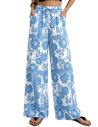 GRACE KARIN Womens Casual Wide Leg Pants, 2026 Summer Palazzo Boho Vacation Pants, High Waist Drawstring Trousers with Pockets Blue 2XL - Image 1