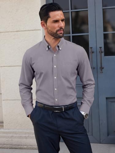 GIANZEN Grade 3.5 Wrinkle-Resistant Men's Purple Grey Lightweight Oxford Dress Shirts Long Sleeve Business Casual Pocket Shirt Purple Grey Size L - Thumbnail 3