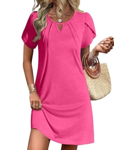 Ekouaer Swimsuit Coverup for Women 2026 Petal Short Sleeve Bathing Suit Cover Ups Summer T Shirt Dress Flowy Sundresses Rose Red - Image 1