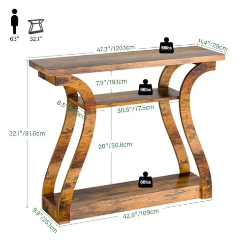 UODERS Wooden Console Table with Curved Legs and Shelf, 3-Tier Modern Accent Narrow Sofa Table for Entrance Area, Living Room, Hallway, 47 in Wide Wood Console Table for Entryway (Retro) - Thumbnail 2