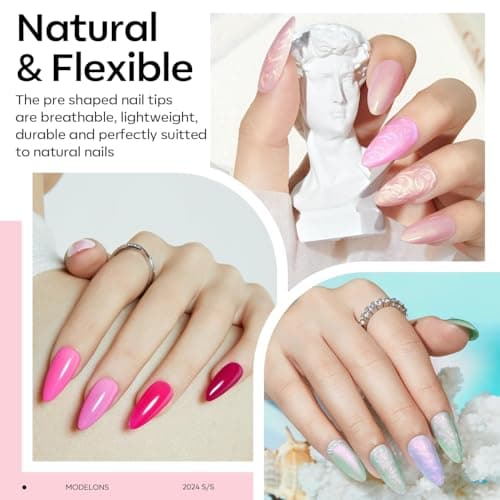 modelones X Nail Gel Kit Almond, Upgrade 15Sizes Fake Nails, 9-in-One Glue Dehydrator & Mini U V Light Clipper, 510Pcs Medium Almond Press on Tips for Extension DIY Salon Home Gift - Thumbnail 6