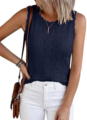 BTFBM Crochet Tank Tops for Women Hollow Out Sleeveless Loose Sweater Vest Top Summer Spring 2026 Beach Vacation Clothes(Navy Blue, Large) - Image 1