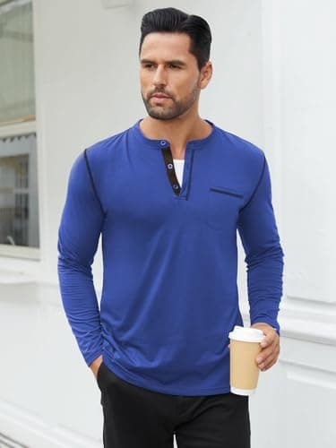 Hardaddy Men's Color Contrast Henley Shirt Long Sleeve Button T-Shirt Lightweight Henley Tshirt for Men Basic Pullover Shirt with Pocket Royal Blue 3XL - Thumbnail 4