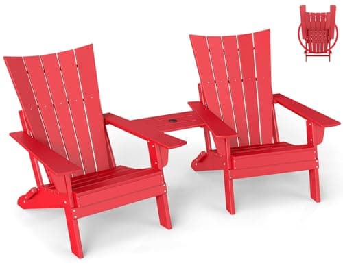 GREENVINES Folding-Adirondack-Chairs-Set-of-2 | HDPE Plastic | Arch Series | Fire Pit Chair | with Connecting Tray | Removable Table | All Weather | for Outdoor Patio Deck Poolside | Red