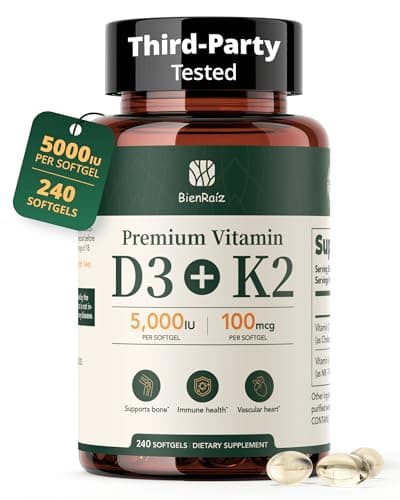 BienRaíz Vitamin D3 K2 5000IU 100mcg MK-7, 240 Softgels, Gluten Free, 2-in-1 K2 D3 Vitamin Supplement for Bone & Heart Health, Immune Support, Energy & Better Calcium Absorption, 8-Month Supply