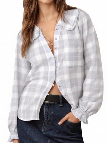 Tankaneo Womens Peter Pan Collar Button Down Shirts Long Sleeve Plaid Blouse Dressy Casual Fall Tops Light Blue - Image 1