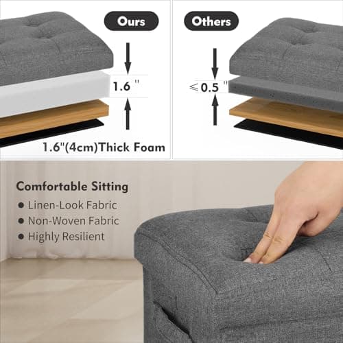 FaiPue Storage Ottoman. Foot Rest Stool with Thicker Foam Padded Seat. Linen Footstool Storage Bench, 350 lbs Folding Bench Small Ottoman for Living Room, Bedroom, Coffee Table. 17x13x13in, Dark Gray - Thumbnail 5