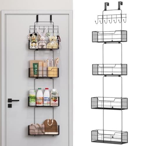 Over The Door Organizer Storage with 4 Metal Large Capacity Baskets,Door Organizer Hanging with Adjustable Hooks,Behind Door Storage Organizer for Bedroom Bathroom Kitchen Office Pantry Closet - Image 1