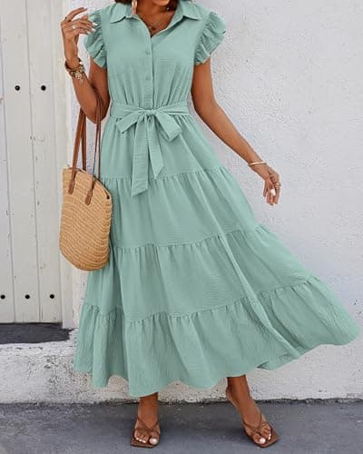 dowerme Women's Summer Casual Dresses 2026 Cap Ruffle Sleeve V Neck Button Belted Tiered Boho Maxi Dress with Pockets(Mint Green,Medium) - Thumbnail 3