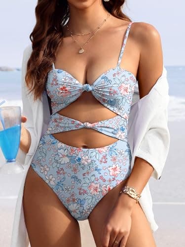 ANRABESS Women One Piece Swimsuits Tummy Control Bathing Suit Twist Cutout Adjustable Straps Swimwear Beach Vacation Clothes Light Blue Pink Floral Large - Thumbnail 3