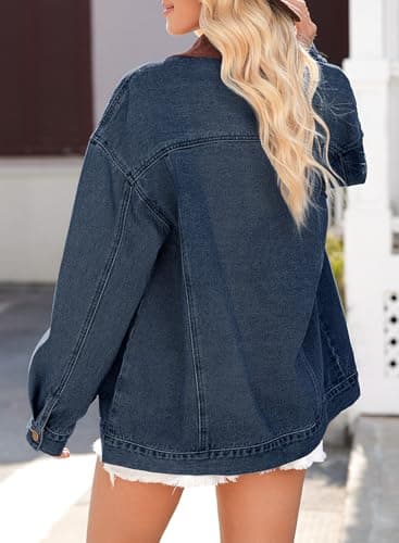 Dokotoo Denim Jacket For Women Long Sleeve Button Down Oversized Jean Jacket Denim Shirt Fall Clothes Winter Coats For Women Barn Jackets Shacket Coat With Pockets Dirty blue 2XL - Thumbnail 4