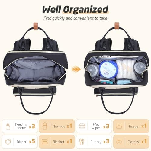 Tonyeee Diaper Bag Backpack - Extra Large Diaper Bag for 2 Kids Twin, Travel Baby Bags for Mom Dad 25-37L Expandable with Changing Pad Earphone Hole, Apricot Black - Thumbnail 4