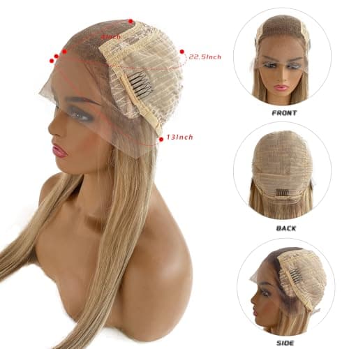 Upgrade - 13*4 Lace Front Straight Wigs for Women,Brown Roots mixed Golden brown and blonde,Glueless Ombre Highlights Blonde Lace Frontal Human Hair Wig with HD Lace ,Pre Plucked with Natural Hairline - Thumbnail 5