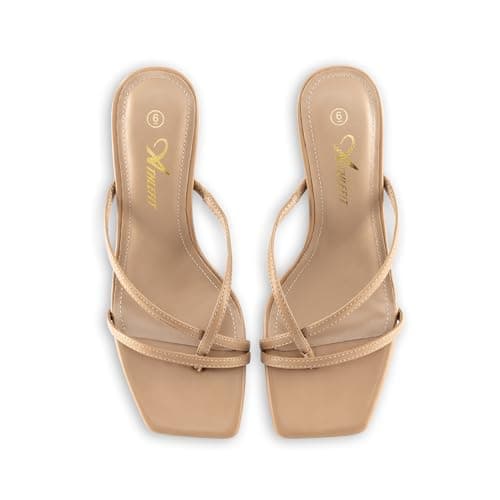 Athlefit Women's Strappy Kitten Heels Square Open Toe Low Flip Flop Heels Fashion Party Dress Thong Heeled Sandals Camel Size 9.5 - Thumbnail 6