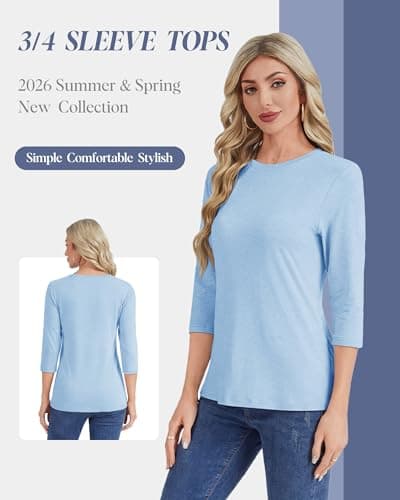 GAYHAY Light Blue Shirts for Women 3/4 Length Sleeve T-Shirts Spring Tops 2026 Trendy Casual Loose Fit Summer Outfits - Thumbnail 2