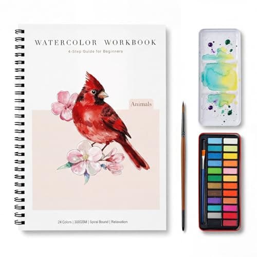 Rurolo Watercolor Workbook for Adults & Beginners - Spiral Bound Kit with 24 Paint Colors, Brushes & 300GSM Paper - Step-by-Step Animal Painting Guide for Stress Relief & Relaxation (6.5x9)