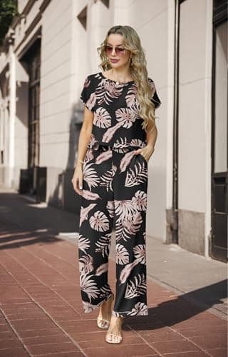 Lepunuo Women Summer 2 Piece Sets Cap Sleeve Crop Top Flowy Wide Leg Pants Matching Lounge Set Vacation Beach Travel Outfits - Thumbnail 3