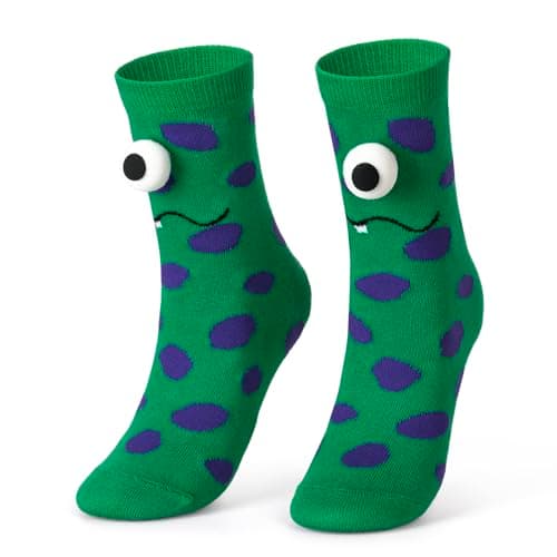 Crazy Socks for Kids - Silly Wacky Funny White Elephant Gifts Stockings Monster Toddler Socks with 3D Eyes for Kids (Green-faced ugly monster) - Image 1