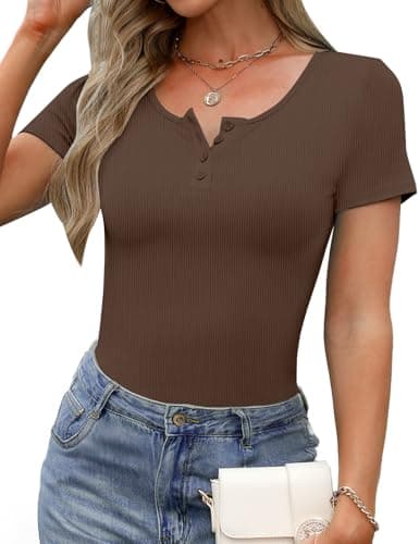 GKBK Womens Short Sleeve Tops Ribbed Scoop Neck Fitted Casual Henley T Shirts Basic Tee Tshirts 2025 Spring Summer Trendy Tops Coffee L - Thumbnail 2